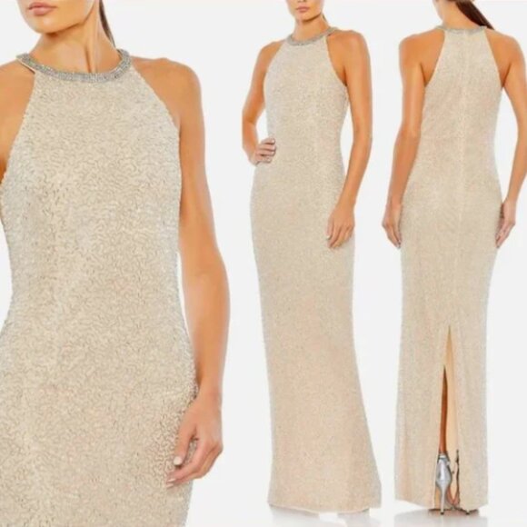 MAC DUGGAL 93742 BEADED HIGH NECK COLUMN NUDE SILVER GOWN sz 12 - Picture 1 of 6